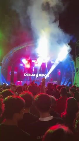 A vertical outdoor shot captures a nighttime concert from the perspective of the audience, who have their backs to the camera. The stage in the distance is illuminated by colorful lights and fog, with a large screen displaying the words "DEEJAY RIFO X." A DJ in a white T-shirt and black baseball cap is visible behind the DJ booth, with another person to their left. The DJ is actively mixing music, moving their hands over the equipment.