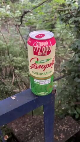 A camera shows a full can of Zagorka beer on a blue metal railing, with green trees and a blurry river in the background. The camera pans slightly left and right, showing the river and trees more clearly at times. The Zagorka can is mostly green, with a red top and white writing on it. The can is undisturbed throughout the video.