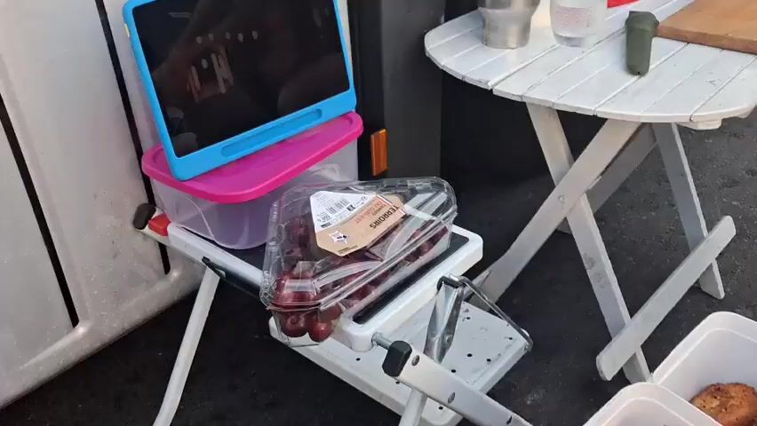 A high-angle, wide shot captures a table laden with food containers and some miscellaneous items, likely set up outdoors on an asphalt surface. In the foreground, two white plastic containers hold what appears to be fried chicken strips. A fork rests on a white lid to the right, and a spoon is on a lid to the left. To the left of these, a clear plastic container is filled with a salad mixture of chopped tomatoes, red onion, and green bell peppers. Next to it, another white container holds a portion of what looks like pasta salad with shrimp. A larger clear plastic container holds a bunch of red grapes. Behind these containers, a white folding table with a metal frame is visible, supporting some of these items. Further to the right, a silver platter holds several pieces of cooked chicken wings and some cubed white cheese. A white mug and a green can of what appears to be soda are also on the table. A small, cylindrical metal object, possibly a portable grill or ashtray, sits in front of the mug. The scene is dimly lit, suggesting it might be late in the day or an overcast environment. The background is out of focus but appears to show more of the asphalt surface and the legs of the folding table. The camera pans slightly to the right, revealing a beverage can and then moves downwards to focus on the asphalt ground. A bird, possibly a pigeon, is seen walking on the asphalt in front of the tires of a large truck. The truck's tires and part of its dark blue body are visible in the background. The overall setting appears to be an outdoor dining or rest stop area.