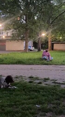 Man and dog rest in Ruse park evening