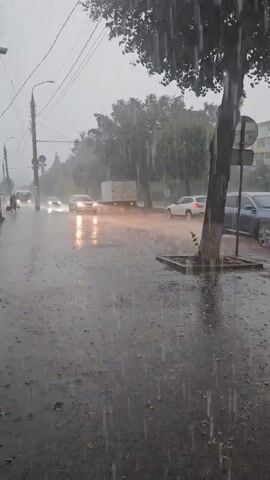 A heavy rain falls on a street, creating puddles and reflections on the wet asphalt. Cars drive through the downpour, their headlights cutting through the gray, misty atmosphere. On the sidewalk, a person is seen walking, partially obscured by the rain. Trees line the street, their leaves dripping with water. The scene is one of a typical urban environment experiencing inclement weather, with the focus on the dramatic effect of the rain on the surroundings and the movement of vehicles.