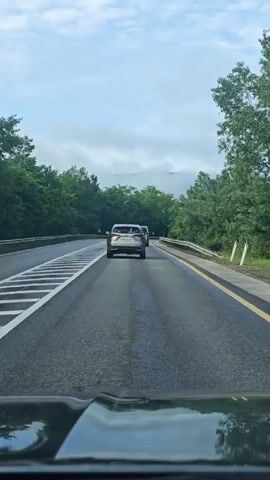 The video, shot from the perspective of a driver, showcases a highway road scene. Two vehicles are in front of the camera car, with a silver SUV leading followed by a white van. A red car is further ahead in the distance. The road is flanked by green trees on both sides, creating a forest-like setting. Overhead, a sky with scattered clouds is visible, suggesting a potentially overcast or partly cloudy day. The overall atmosphere feels serene and calm. The perspective and setting strongly indicate a road trip or daily commute through a rural or suburban area.