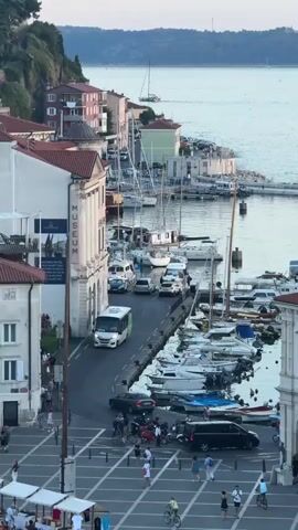 This media file provides a panoramic view of a coastal town, likely Piran, Slovenia, during the late afternoon or early evening. The scene is a bustling harbor with numerous boats docked, ranging from small yachts to larger vessels. A prominent white building with a museum sign is visible on the left, indicating a cultural aspect to the location. The town's architecture features red-tiled roofs and historical buildings, suggesting a charming European coastal setting.

People are scattered throughout the scene, some walking in the foreground square, others near the boats, and a few seated outside a building. The activity suggests a relaxed, everyday scene of town life and tourism. Cars and a white bus are also present on the street running alongside the harbor, indicating ongoing local transportation.

The water appears calm, reflecting the soft light of the setting sun, and a distant coastline with hills forms the backdrop. The sky is a pale, clear hue, typical of clear weather during dusk. The overall emotion conveyed is one of tranquility and vibrant local life coexisting by the sea. The visible text includes "MUSEUM" on the side of the building, providing a direct clue to its function.