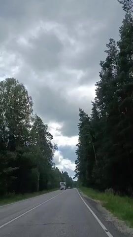 A video shows a road traveling through a forest. The sky is cloudy and overcast. There are trees on both sides of the road. A white box truck is visible in the distance. A white car is also visible. The camera is mounted on a vehicle moving forward on the road.