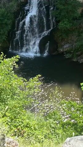 A waterfall cascades down a rocky, vegetated cliff into a dark pool of water. The pool reflects sunlight, creating shimmering patterns on its surface. Lush green foliage surrounds the water and the base of the waterfall. The scene appears to be a natural outdoor setting.