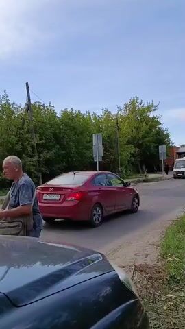 A red sedan is driving down a two-lane road. To the right of the road, there is a signpost with three signs. The top sign is a red circle with a blue background and a red X in the middle, indicating no parking. Below that is a sign with a tow truck icon, indicating that vehicles parked illegally will be towed. The bottom sign is a yellow triangle with a black border and a picture of a speed bump, warning drivers to slow down. There are trees and bushes on the right side of the road. A white van is driving in the opposite direction of the red sedan. There is also a dark colored car in the foreground, partially obscuring the view. The sky is blue with some clouds.