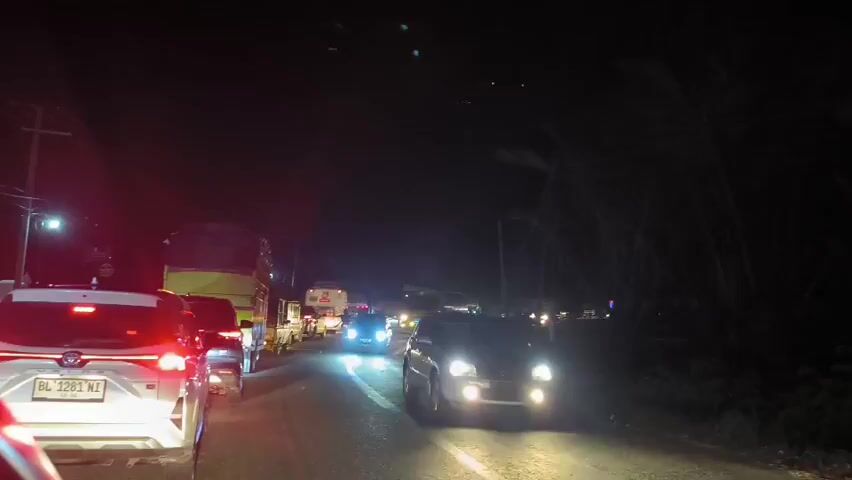 The video shows a busy road at night. Many cars and trucks are driving along it, with their headlights and tail lights illuminating the scene. There is heavy traffic. The roadside is lined with trees. There appear to be a few distant lights in the sky above the trees.