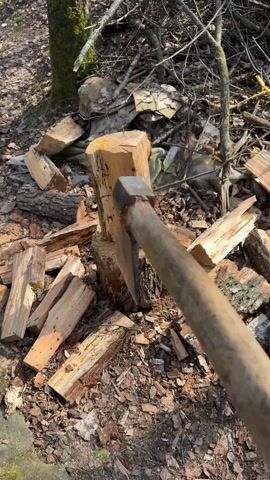 The video shows a small log splitting stump in a wooded area. A piece of wood is on the stump, and more split pieces of wood are scattered around the base. A tree is visible on the left, and brush and debris are in the background. An axe strikes the wood on the stump, splitting it and knocking it onto the ground.