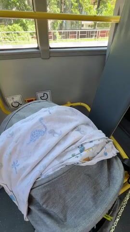 The video shows the interior of a bus, focusing on a baby stroller covered with a light blue and white blanket adorned with dinosaur motifs. The stroller is positioned in what appears to be a designated area for strollers or wheelchairs, indicated by a wheelchair accessibility symbol and a stroller symbol visible on the wall behind it. A yellow handrail runs along the wall, providing support. Through the bus windows, lush green trees and buildings can be seen, suggesting an outdoor environment. The lighting indicates it is daytime.