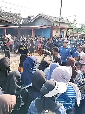 The video captures a lively outdoor event in Ngadirejo, Indonesia, likely a cultural performance or community gathering. A large crowd of people, dressed in a mix of traditional attire, including many women wearing hijabs, and casual clothing, are gathered to watch.

In the foreground, several people are looking towards the center of the action, with some individuals closer to the camera obscured by others. The scene is set in what appears to be a village or small town, with a building that looks like a community hall or shop in the background. The architecture suggests a warm climate, and the bright daylight indicates it is daytime.

The central focus of the event seems to be a performance. One individual in the middle ground, dressed in black, is holding a whip-like object and appears to be demonstrating some skill. Further back, another person is engaged in what looks like a martial arts or dance routine, possibly with a costume. There's a sense of excitement and engagement from the spectators, suggested by their attentive posture and the sheer number of people present. The atmosphere appears festive and community-oriented.

There is some visible text on the back of a black t-shirt worn by a person in the left mid-ground, though it is partially obscured and difficult to read clearly. It appears to be a logo or writing in a light color against the black fabric. The overall impression is a vibrant cultural event being enjoyed by a large segment of the local community under a bright sky.