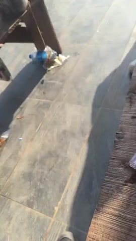 The video shows a wooden table with various items on it. There are several plastic bottles, some with blue caps and some with white caps, filled with different liquids. The bottles are packed tightly in a black plastic bag, which appears to be sitting on top of other bags. Next to the bottles are a stack of containers, a bucket with items inside, and some loose items like a red plastic cup. The table is old and worn, with simple wooden legs. The surface beneath the table is tiled with gray tiles. The video begins up close, then zooms out to show a wider view of the area. A silver car is parked in the background, and a cigarette is seen in the lower part of the frame. The video appears to be taken outdoors on a sunny day.