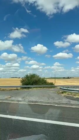 The video shows a view from inside a moving vehicle, looking out at a rural landscape under a blue sky with white clouds. In the foreground, the edge of a road with white lines is visible. Beyond the road, there is a metal guardrail, followed by green vegetation and a field of dry, golden crops. In the distance, several white wind turbines are visible. The vehicle appears to be on a highway, as other cars can be seen on the road. At one point, a triangular road sign with some small circular objects attached is visible near the guardrail. The interior of the vehicle, including part of the ceiling and window frame, is also visible.