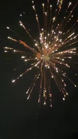 The video shows a nighttime scene of fireworks. The camera is looking upwards towards the dark sky. The fireworks are bursting in various colors and patterns, with bright sparks and trails of light against the black background. Some of the fireworks are large and spectacular, while others are smaller and more distant. The video captures the explosive nature of the fireworks as they bloom and fade in the sky.