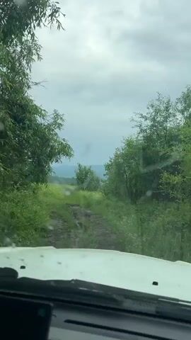 The video shows a view from inside a white vehicle driving on a muddy dirt road. The road is overgrown with grass and has several puddles. On either side of the road are trees and lush green foliage. In the distance, there are rolling hills under a cloudy sky. The vehicle appears to be moving slowly due to the rough terrain.