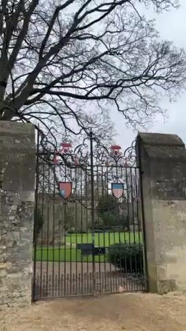 The video shows a wrought-iron gate flanked by stone pillars. The gate features decorative elements including shields and floral designs. Beyond the gate, a green lawn and a building are visible. A bare tree is present in the upper part of the frame. The sky is overcast. The scene appears to be outdoors on a cloudy day.