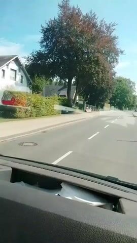 The video shows a view from inside a vehicle driving on a paved road on a sunny day. Trees line the right side of the road, and houses and hedges are visible on the left. A red object, possibly a vehicle or a piece of machinery, is partially obscured by a hedge on the left side of the road. The interior of the vehicle is visible in the foreground, including a dashboard. The video is split into multiple segments that show continuous movement.