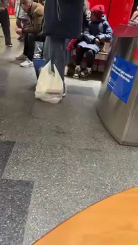 The video shows a small, brown rodent on a grey, speckled floor in a public area. Several people are visible in the background, some sitting on benches. A white plastic bag sits on the floor near the rodent. There is also a stainless-steel structure with a blue sign on it.