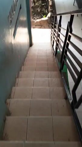 A video shows a set of outdoor stairs. The stairs are made of light-colored tiles and are bordered by a black metal railing. The camera is positioned at the top of the stairs, looking down. To the left of the stairs is a teal-colored wall. To the right of the stairs, beyond the railing, there is a tiled patio area with some plants and what appears to be a bench or seating area. The lighting suggests it is daytime.