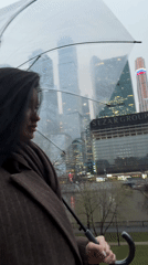 Woman with umbrella shelters from rain in urban setting