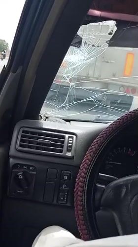 Driver observes tanker truck through cracked windshield in Bauchi