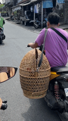 Motorcyclist carries woven basket through Ubud streets