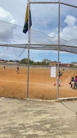 The video captures a baseball game in progress on a dirt field, seen through a chain-link fence. A Venezuelan flag waves from a pole attached to the fence. Players in various uniforms, including green and black, are actively engaged in the game. A batter swings, and runners advance. A spectator, wearing a blue shirt, red hat, and blue striped pants, watches from behind the fence. A white sign is attached to the fence with handwritten text. The sky is visible overhead, featuring a mix of clouds and blue sky.