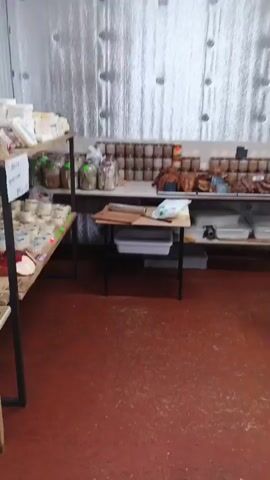 The video pans across a display of cheese and other food items, possibly in a market or shop. On the left, a shelf holds various cheeses, some wrapped in paper and others in plastic. Further back, a table displays rows of small, round cheeses with blue labels. There are also some red sausage-like items and sliced cheese wedges. In the background, shelves are stocked with jars containing food items, and further back, more packaged foods are visible. A price tag is visible on a stand in the foreground. The floor is a reddish-brown color, and the walls appear to be covered in a reflective material. The lighting is bright, suggesting an indoor setting.