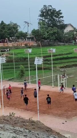 A volleyball game is underway on a dirt court. Several young people are on the court, divided into two teams. The sky is overcast. In the background, there are terraced rice fields with green crops. There are also trees and a house. There are lights on poles around the court. The players are in various positions, some in mid-action like jumping or hitting the ball. The net is set up in the middle of the court.