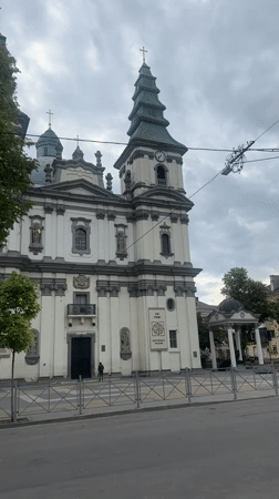 White church with green towers documented in Ternopil