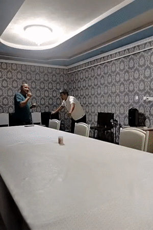 Relaxed indoor hangout with dancing, play-fighting, and grilled skewers