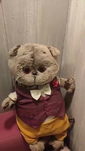 A plush toy cat sits upright in a corner. The toy has a grey fur coat and a burgundy vest over a white shirt with a bow tie. It wears yellow pants. The cat's eyes are large and brown. A pink flower is pinned to the vest. The toy sits on a magenta cushion. The corner walls are painted a light grey with a textured pattern. A small logo is visible on the cat's trousers.