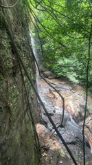 Person crosses forest bridge near waterfall in Warapitiya