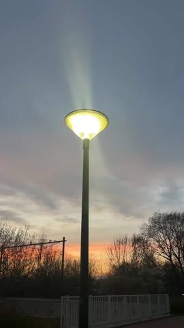 The video shows a streetlight against the backdrop of a sunset sky. The streetlight is tall and black, with a distinctive, round, opaque yellow lamp emitting a strong white light upward. The sky behind the lamp has a gradient of color, from a dark blue-grey at the top to a vibrant orange-pink at the horizon. Trees are visible in the lower portion of the frame, appearing silhouetted against the colorful sky. A small white fence is situated below the trees. Power lines also appear in the distance. Tiny purple specks are also visible on the camera lens.
