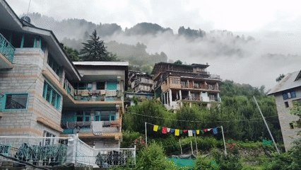 Cloudy afternoon views across Vashisht village and its mountain valley