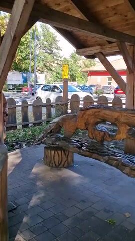 The video pans across a carved wooden sculpture of a dragon. The dragon appears to be lying down with its head facing left and its body extending to the right. The sculpture is detailed, showing scales, claws, and facial features. It is positioned under a wooden shelter with a paved ground. In the background, there is a street with parked cars and buildings, including a store with a sign that reads "APTEKA". The sky is visible through the gaps in the wooden structure, indicating an outdoor setting during the daytime.
