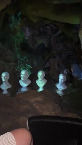 The video captures a dark, cave-like environment with rough, rocky walls and ceiling. Four white busts of men are arranged on a rocky surface in the foreground. The busts are evenly spaced and illuminated by a green light that casts shadows on the cave walls. The camera appears to be positioned in a moving vehicle, possibly a ride, as indicated by the blurriness and the view over the back of a dark seat in the bottom of the frame. In the background, a person wearing a dark shirt and possibly a hat can be seen near a ladder that ascends the cave wall. The lighting is dim and atmospheric, with the green light dominating the scene.