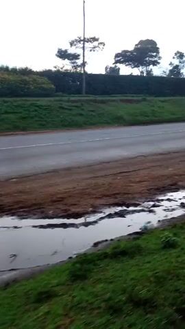 The video shows a view from a roadside, initially focusing on a wet, muddy ditch. A motorbike with illuminated rear lights passes quickly along the adjacent paved road. A white car follows shortly after. The camera then shifts to focus on a dirt path parallel to the road, showing patches of grass along its edges. The camera's movement suggests someone is walking or running along the path. The sky is overcast, and trees and greenery are visible in the background.