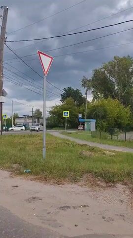 A white SUV approaches a pedestrian crossing marked by a blue and yellow sign. A dark-colored vehicle is visible further down the road, also approaching the crossing. A yield sign is mounted on a pole to the right of the road. The sky is overcast with dark clouds, and there is green grass and trees in the background.