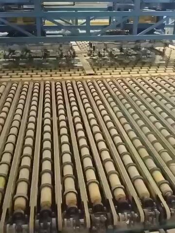 The video shows a close-up, eye-level shot of a roller conveyor system in an industrial setting. Multiple parallel rows of cylindrical rollers, made of a light-colored material with darker bands, extend into the distance. Each row is enclosed within a metal frame, with visible mechanisms and chains at the bottom. Above the roller system, a blue metal structure with more complex machinery and additional rollers can be seen. The lighting appears to be artificial and consistent, suggesting an indoor manufacturing or processing environment. The scene is static, with no discernible movement of people or significant changes in the machinery during the short clip. The focus is on the intricate arrangement and industrial nature of the conveyor system.
