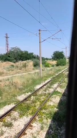 This is a first-person perspective video taken from inside a moving train. The camera is looking out a window, capturing the view of the train tracks and the surrounding landscape. The tracks run parallel to the train, with lush green grass and some dry brush growing along the sides. Overhead, a network of power lines and poles for the electric train system is visible against a clear blue sky. The train appears to be traveling through a rural area with trees and fields in the distance. The motion of the train creates a slight blur, enhancing the sense of movement.