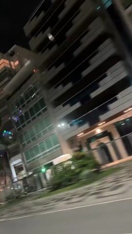 The video captures a nighttime urban scene from the perspective of a vehicle in motion. Tall buildings with illuminated windows line the street. Palm trees and other foliage are visible along the roadside. Bright streetlights cause lens flares as the camera passes them. The road features a distinct patterned sidewalk or median. Other vehicles with headlights can be seen on the street. The constant movement of the camera results in motion blur, particularly on closer objects.
