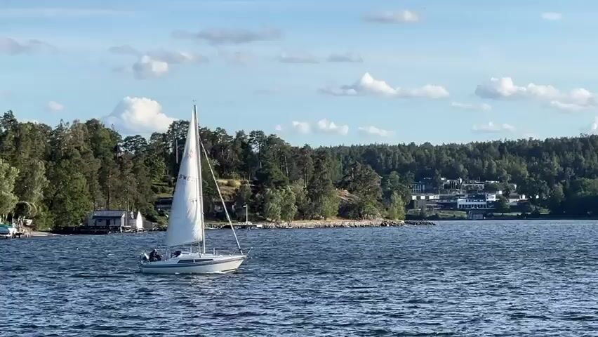 A sailboat with a white sail and a dark hull glides across a blue body of water. Two people are visible on the boat. The background features a lush green tree-covered shoreline with scattered houses. The sky above is blue with scattered white clouds. The water is choppy, indicating a moderate breeze. The scene appears to be a picturesque summer day.