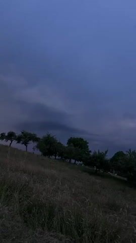 The video shows a path through a grassy field lined with trees. The sky is a dark, stormy blue with heavy clouds. The camera pans slowly across the scene, capturing the movement of the clouds and the rustling of the grass. There are no people or animals visible in the video. The overall mood is one of impending weather and a sense of nature's power.