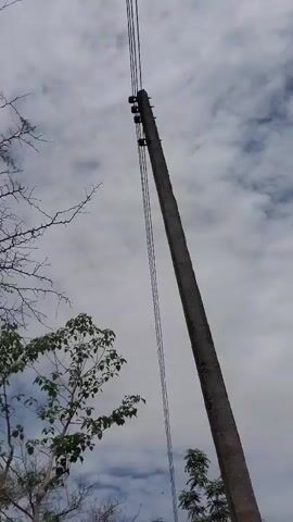 A concrete utility pole with multiple overhead wires stands prominently on the right side of the frame. The sky above is partly cloudy. Several green trees with some bare branches are visible on the left and in the background. The ground is dirt. A group of people is gathered in the mid-ground and background. On the far left, part of a person wearing a light blue garment is visible. In the mid-ground, a woman with a colorful patterned skirt and a purple top is standing next to a man in a long yellow robe. Further in the background, more people are standing and interacting. On the far right, a man in a long olive-green garment holds what appears to be a phone to his ear or is taking a picture. The camera slightly pans downward, revealing more of the people in the scene.