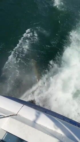 Boat creates rainbow in spray near Nesso, Italy