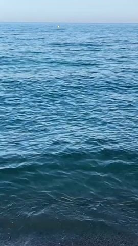 This is a vertical video of the ocean. The water is a deep blue with small waves. The horizon line is visible in the distance, with a small yellow buoy in the center of the frame. The bottom of the frame shows a dark, pebbly shoreline. The lighting suggests it is either early morning or late evening.