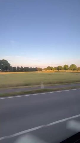 The video captures a view from a moving vehicle looking out at a rural landscape. The sky is clear and blue with a gradient of lighter blue near the horizon. A vast, green field stretches across the scene, dotted with some trees. A road with white lane markings is visible in the foreground, running parallel to the field. The vehicle appears to be traveling at a moderate speed, as indicated by the slight blur of the scenery. In one segment, a white car is seen driving past in the opposite direction, also appearing blurred due to motion. The sun is low in the sky, casting a warm, golden light on the field and trees, suggesting it is either early morning or late afternoon. The overall impression is one of a peaceful, pastoral drive through the countryside.