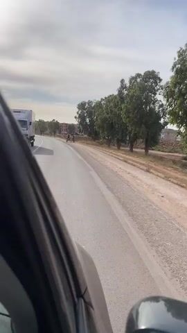From the perspective of a car traveling down a paved road, a horse-drawn carriage with two occupants is overtaken. The carriage, consisting of a small red cart and a gray horse, travels along a dirt verge next to the road. Beyond the verge are sparse trees and several buildings. The sky is bright with the sun obscured by clouds. The car's black door frame and side mirror are visible in the foreground.
