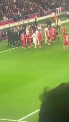 The video shows a soccer game with players wearing red uniforms arguing with players in white uniforms near the sideline. There is a crowd in the stands behind them, and some other people in jackets near the players. The players are gesturing and talking heatedly, and there appears to be some pushing and shoving. A referee is also present, trying to keep the players apart. The field is green and well-lit.