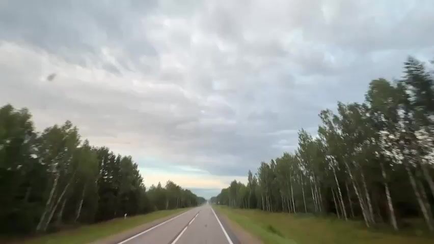 The video shows a first-person view of a car traveling down a paved road. The road is surrounded by a dense forest on both sides, with a mix of evergreen trees and birch trees. The sky is overcast with dramatic, textured clouds. The sun is low, suggesting either early morning or late evening. The road itself has two lanes with a dashed white line dividing them. The car appears to be moving at a steady speed, as indicated by the blurred trees on the sides. No other vehicles or people are visible. The overall impression is one of a solitary journey through a natural landscape.
